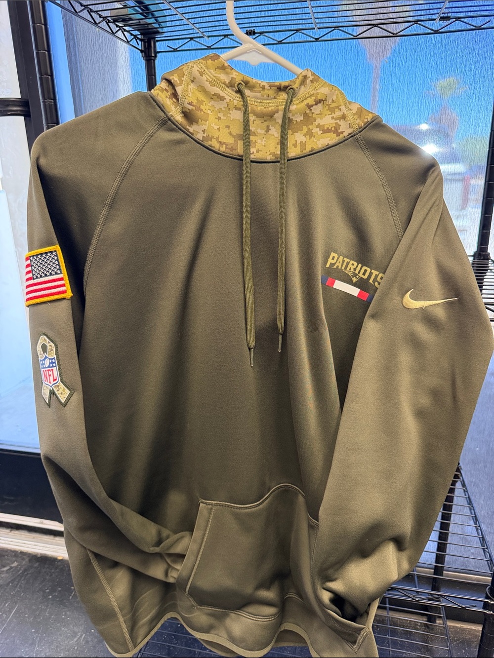Nike Olive Green Patriots Pullover Hoodie with Camo Hood